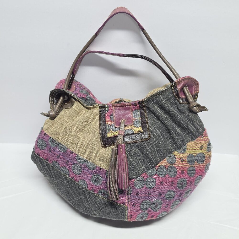 Cirque Du Soleil Geometric Tassel Purse Handbag Fabric and Leather Purple Gray